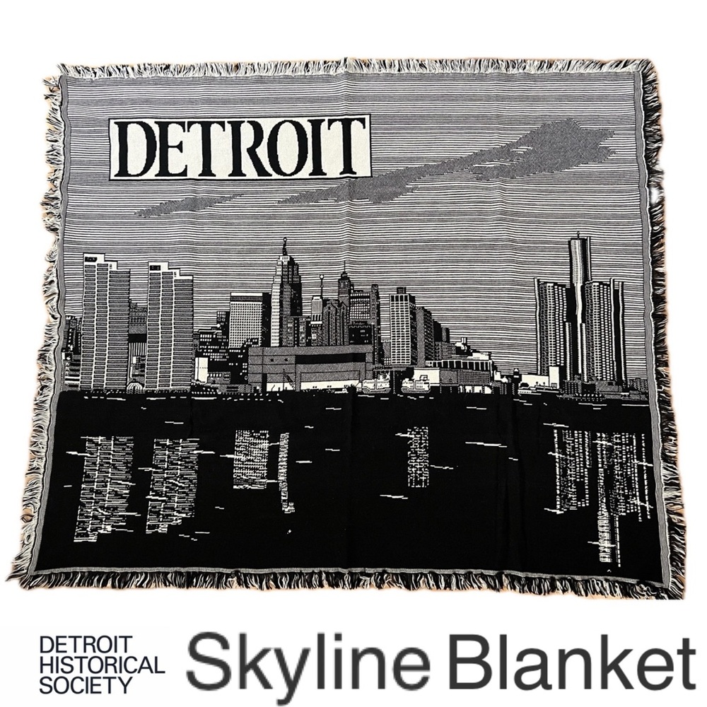 🏙️Woven Throw Blanket Tapestry Skyline Detroit Historical Society Monochrome VTG